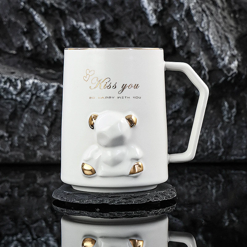 晋宝源大容量马克杯喝水杯陶瓷早餐杯北欧简约浮雕小熊水杯情侣杯