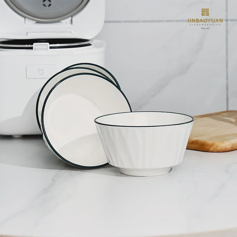 晋宝源琉璃四盘六碗碗盘套装吃饭碗纯白北欧描边绿线简约陶瓷餐具