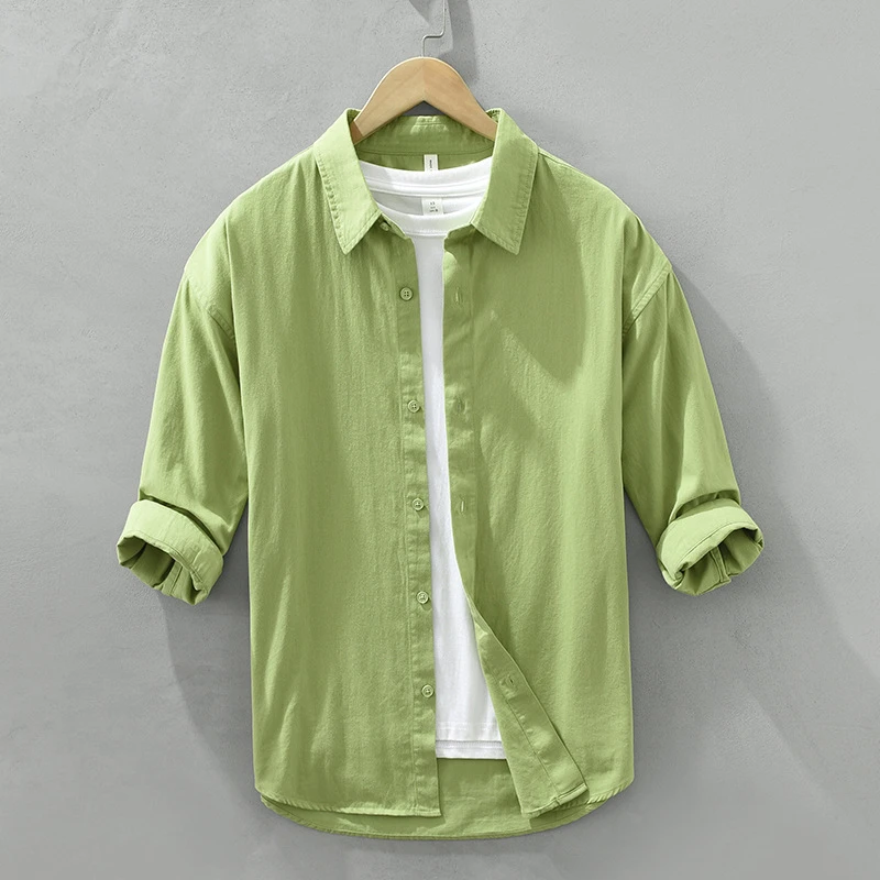 杉海仕家纯棉七分袖衬衫男休闲百搭文艺翻领衬衣时尚宽松纯色衬衫