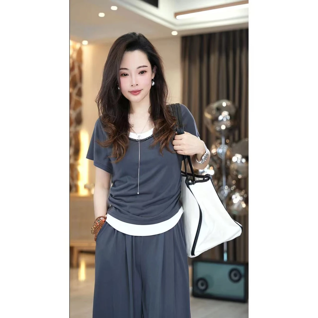 FER25夏季显瘦气质褶皱女T恤纯色时尚套装高腰宽松垂感直筒休闲1