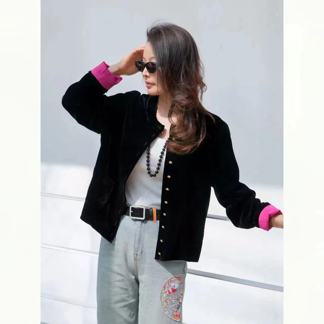 FER【日常新中式】高端丝绒撞色圆领单排扣气质减龄ins显瘦秋季外套