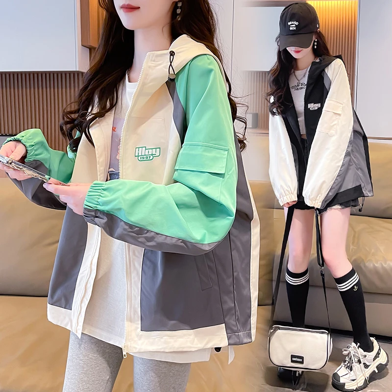 高端现货百搭 秋季新款宽松外套女时尚拼接百搭连帽风衣女潮韩版
