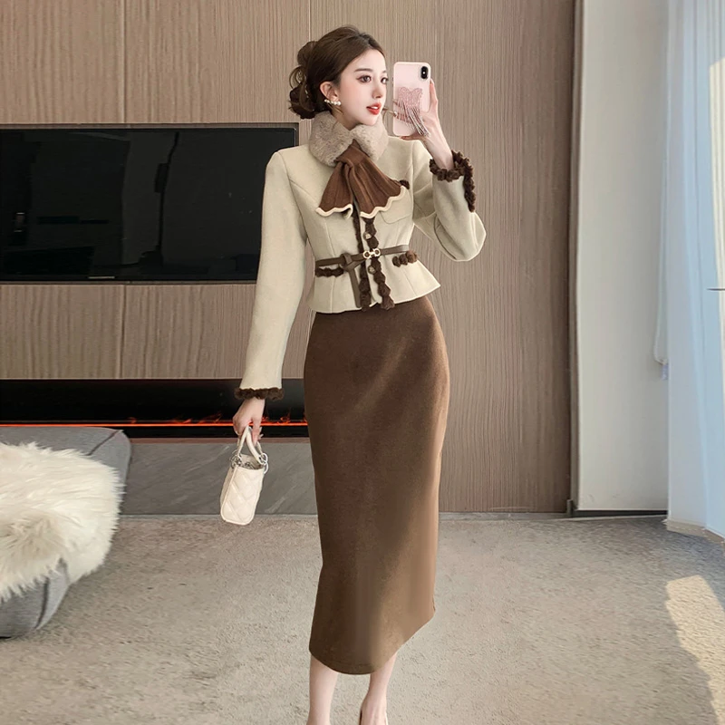 富家千金小香风套装女秋冬气质毛呢拼接外套加厚夹棉半身裙两件套