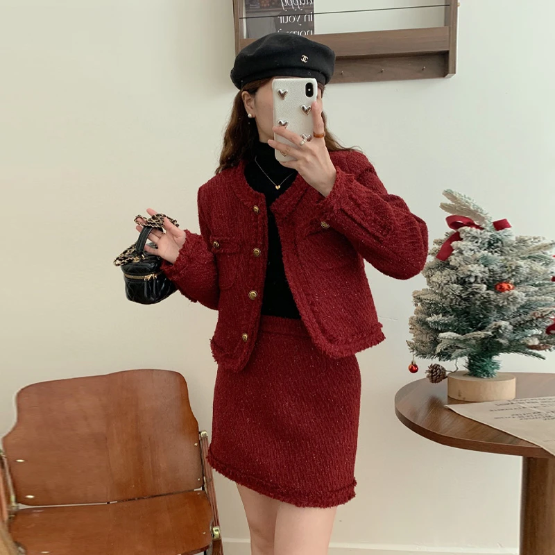 小香风加绒套装时尚加厚粗花呢流苏洋气女冬季半身裙两件套设计感