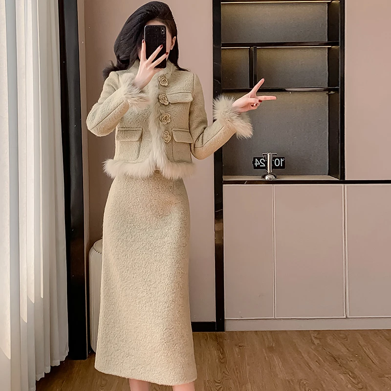 小香风套装加绒加厚冬季穿搭一整套高级感长裙轻奢气质女神范高端