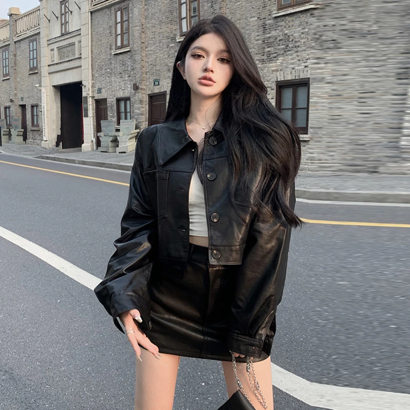 短款机车皮衣外套女秋季复古港风设计感辣妹套装夹克小个子高级感