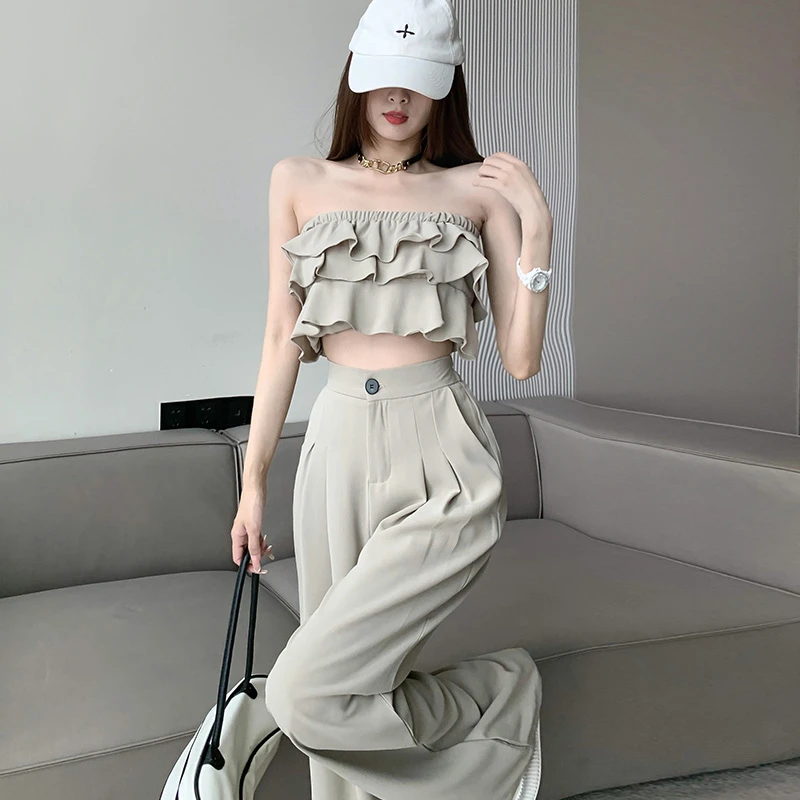 穿搭炸街又甜又辣上衣套装女气质荷叶边抹胸辣妹阔腿裤两件套显瘦