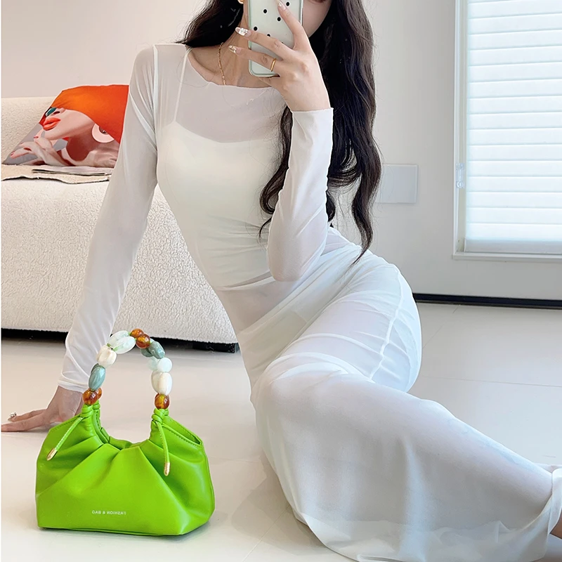 2025早秋新款性感女时尚辣妹网纱透视长袖修身连衣裙百搭气质长裙