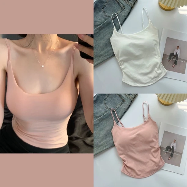 甜辣设计感褶皱吊带背心女外穿内搭带胸垫修身美背上衣春款夏内衣