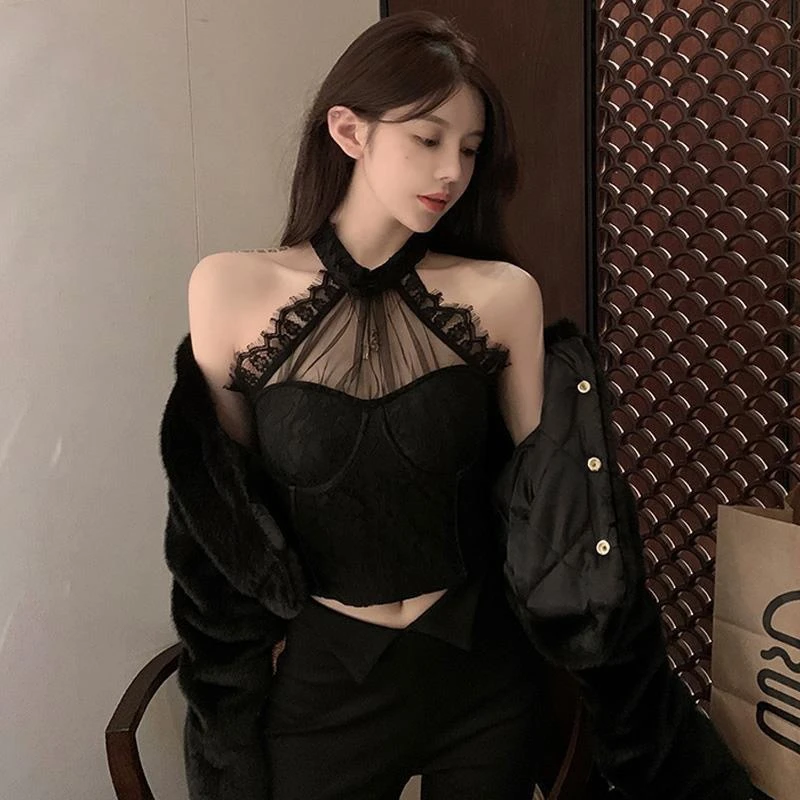 蕾丝鱼骨挂脖吊带背心外穿带胸垫内搭打底纯欲镂空露肩背心女内搭