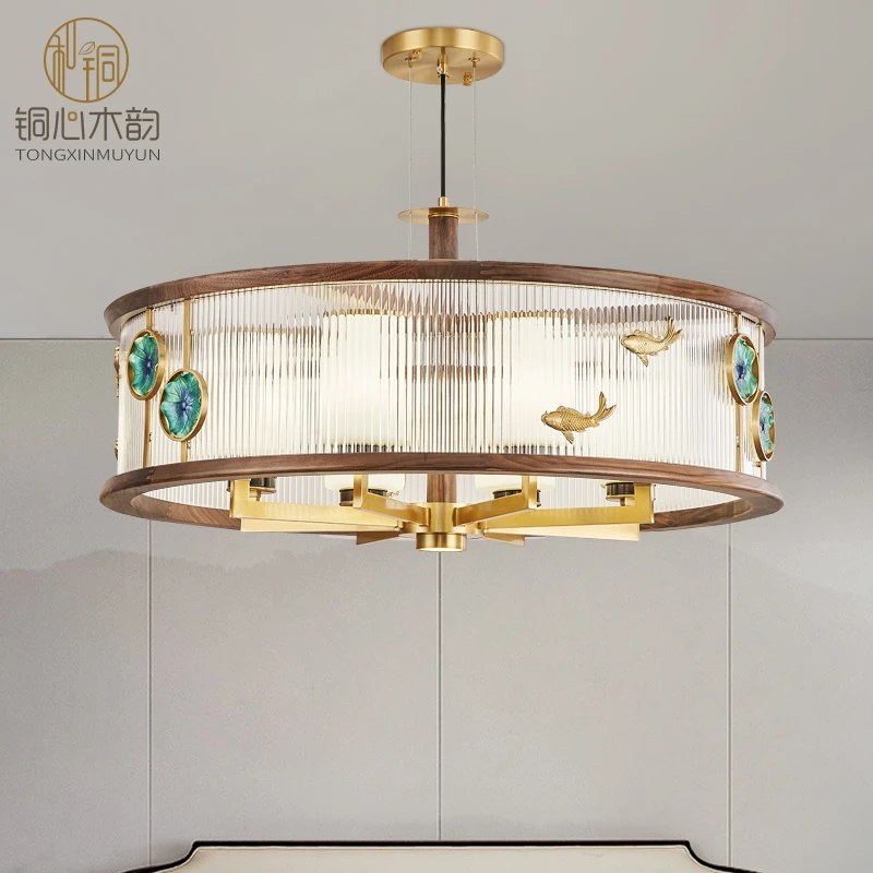 新中式餐厅吊灯黑胡桃实木简约单头吧台灯中国风LED茶室餐桌灯具