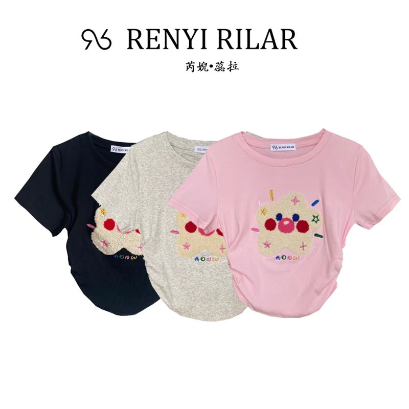 RENYI RILAR甜美植绒星星收褶短款T恤