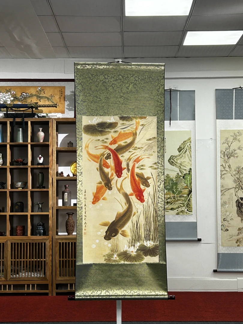 三尺《九鱼图》中堂画轴国画软装裱成品尺寸150×60