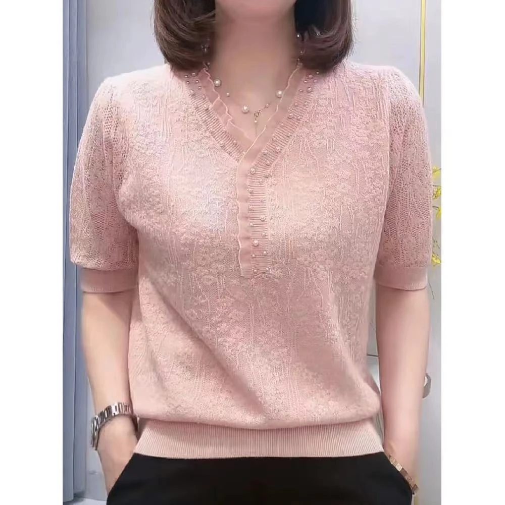 气质领钉珠提花针织衫春夏装蕾丝短袖恤女2024新款显瘦百搭上衣