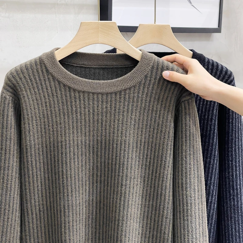 2022秋冬季新款毛衣男圆领条纹提花保暖毛线衣男装针织内搭打底衫