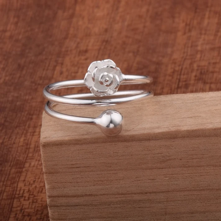 百年宝昌银楼 足银戒指 纯银玫瑰花戒指时尚百搭女指环多层可调节