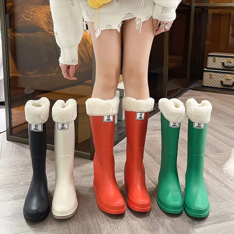 时尚风马丁长靴秋冬季加棉长筒雨鞋圆头平底过膝防滑保暖雨靴厚底