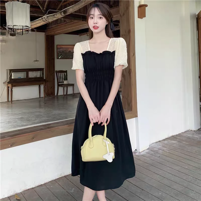 黑色赫本风方领连衣裙2024夏新款黑白气质轻奢茶歇中长裙53#