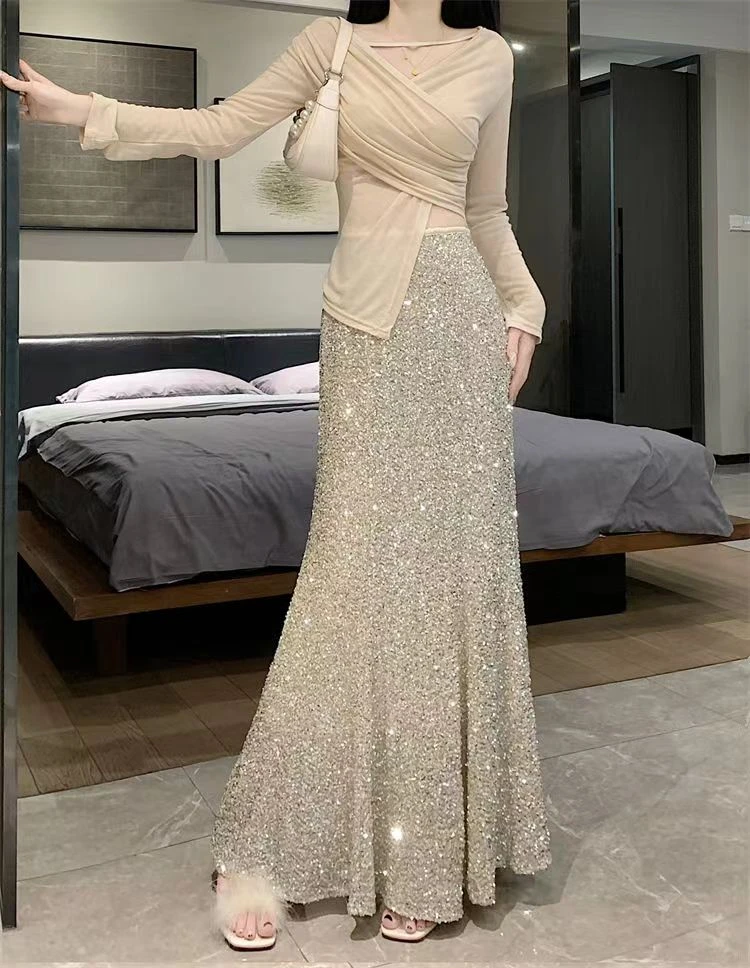 998新款重工亮片鱼尾裙高腰显瘦长裙亮晶晶美拉德法式新时尚爆款