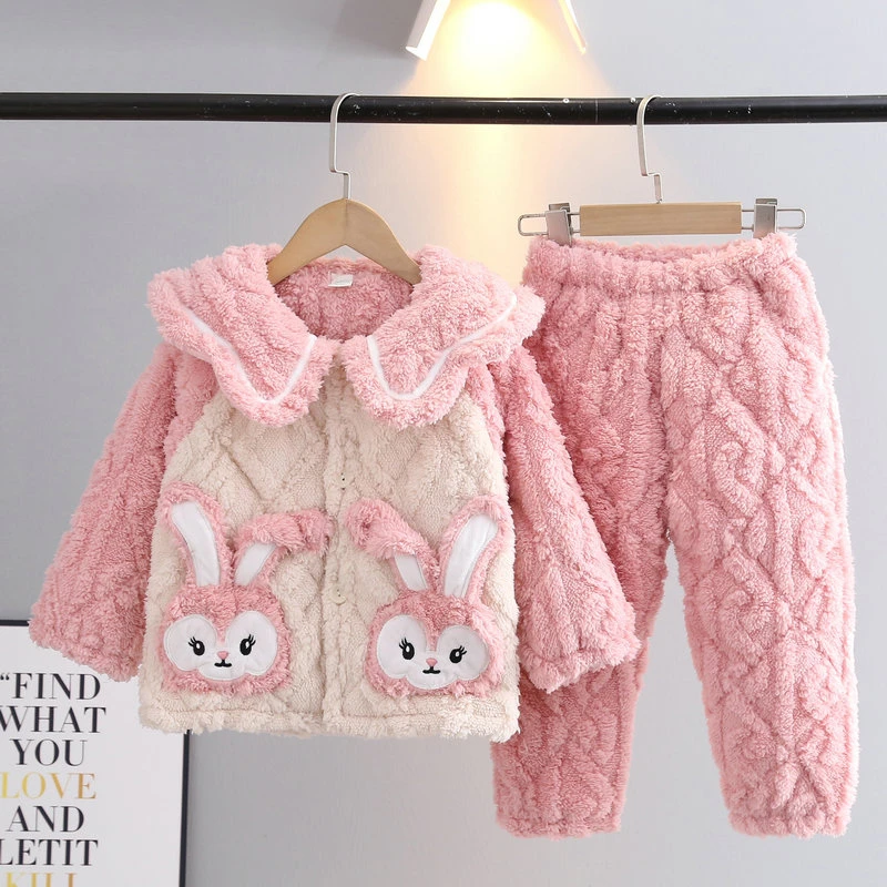 冬季儿童睡衣法兰绒三层加厚夹棉小中大女童珊瑚绒保暖家居服套装