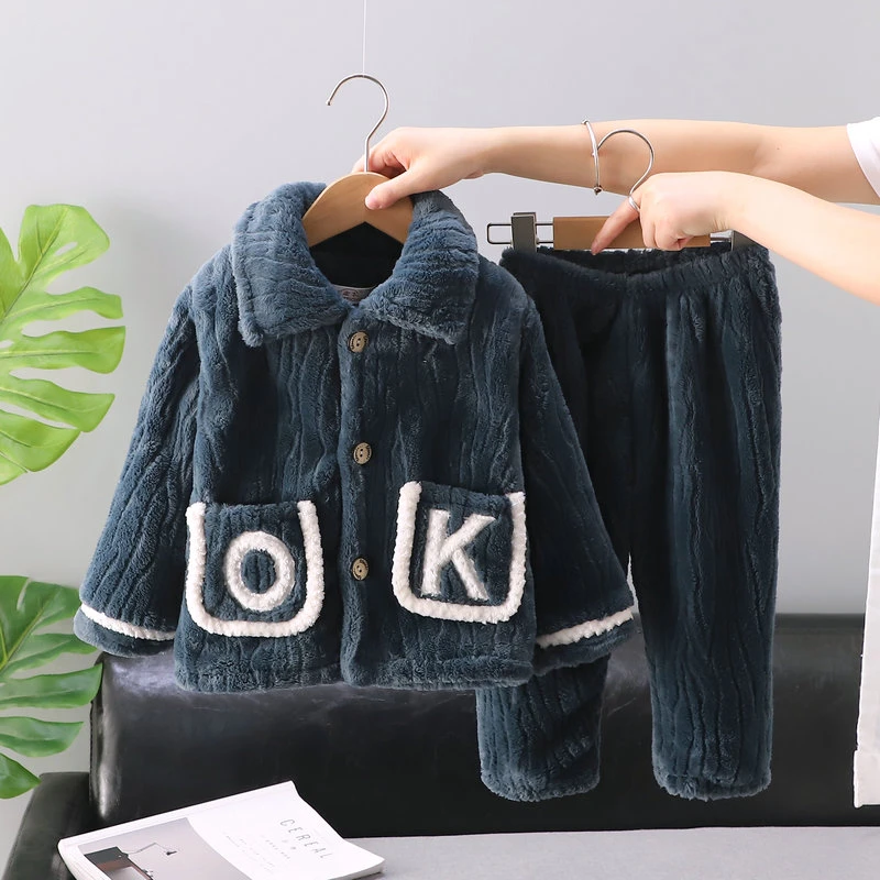 秋冬季法兰绒儿童睡衣家居服 小男孩珊瑚绒中大男童睡衣套装厚款