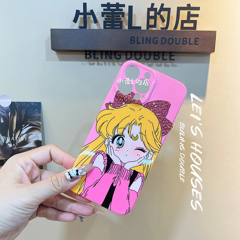 芭比粉蝴蝶结美少女战士ins水钻13可爱14手机壳15pro适用16promax