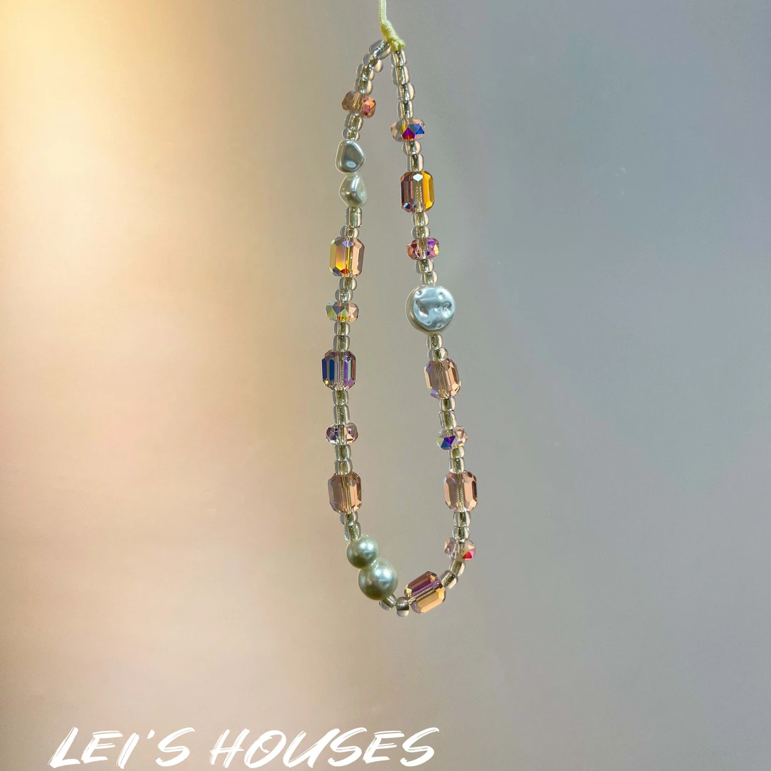 【异形水晶】异形珍珠车轮切面水晶手机链女款短款防丢个性通用手工