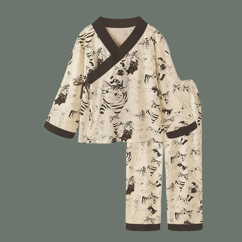 美怡典慵懒猫咪复古卡通印花纯棉睡衣女2023年新款春秋夏和服长袖