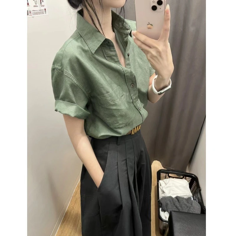 绿色POLO领短袖衬衫女夏季韩版设计感小众衬衣开衫宽松上衣夏