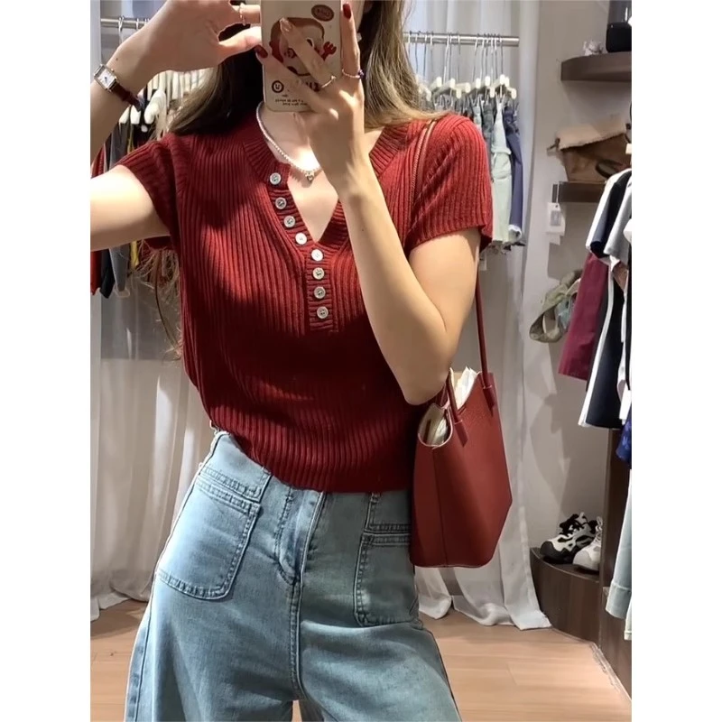 美式甜辣红色v领针织短袖t恤女夏季韩系chic别致独特绝美冰丝上衣