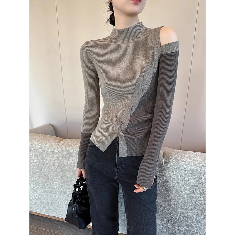咖拼色高级感半高领针织衫上衣女秋冬新款不规则小众设计感毛衣厚