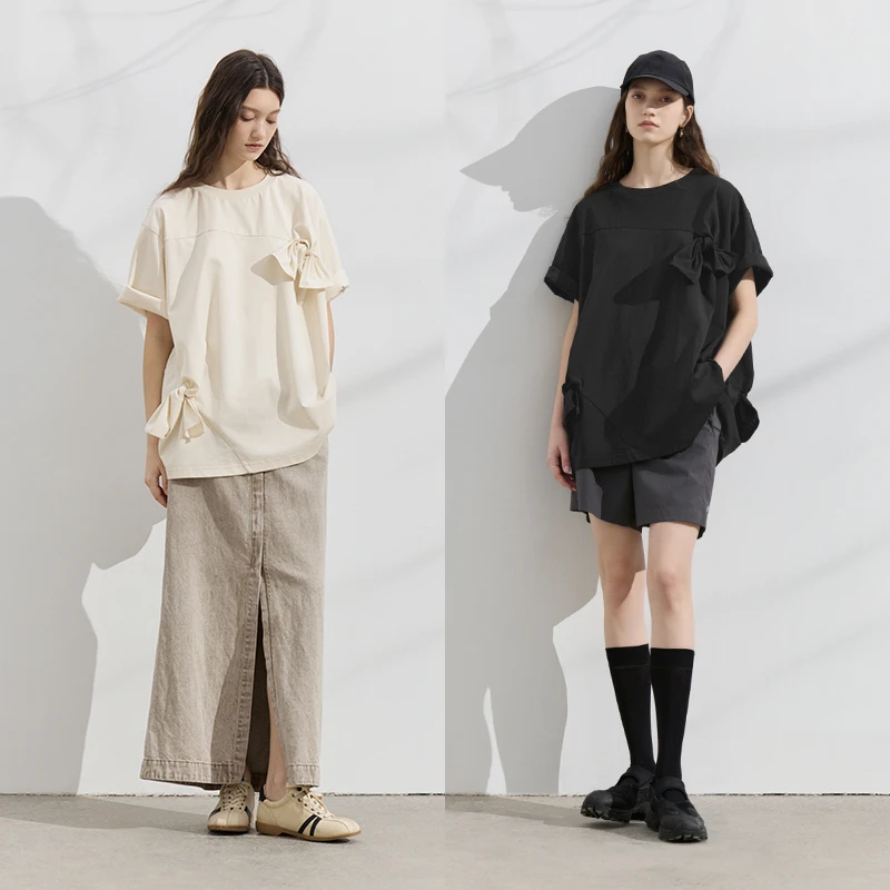 进口纱线半圆2025夏季短袖宽松显瘦t恤女衬衫蝴蝶结小众D24204060