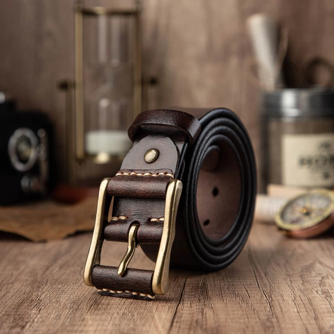 新款时尚手工缝线男士真皮皮带头层牛皮复古铜扣休闲百搭牛仔裤带