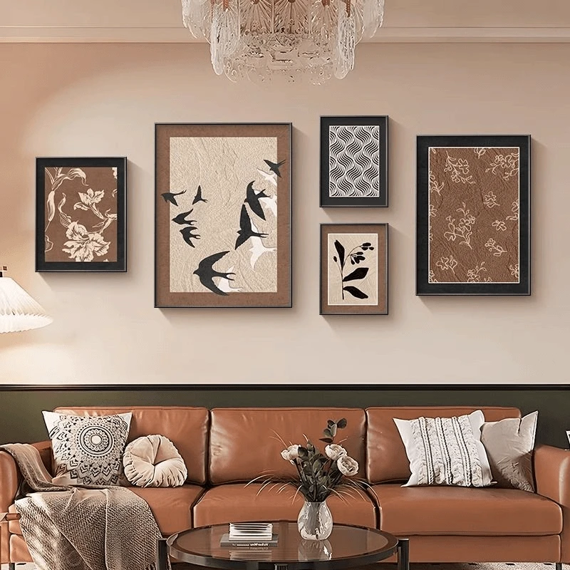 中古风客厅五联装饰画沙发背景墙挂画法式复古艺术组合壁画