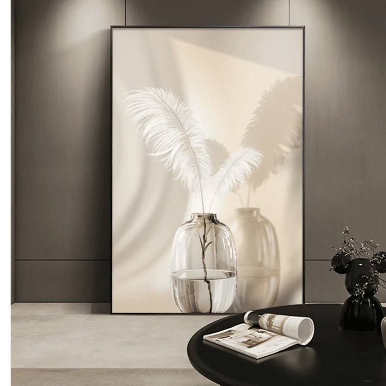 手工砂岩简约风格竖款沙发背景落地装饰画客厅羽毛6080