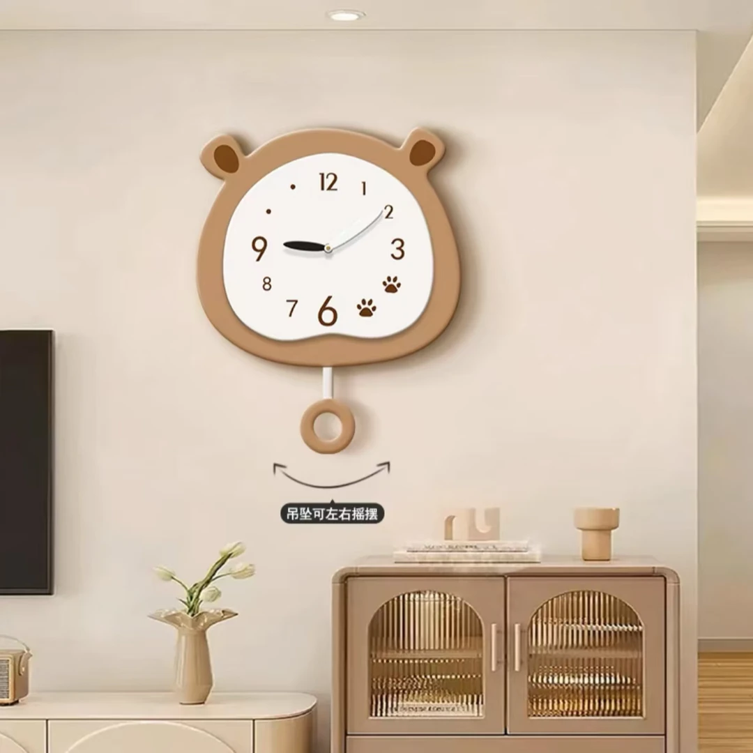 河马奶油风装饰艺术挂钟家用客厅卧室静音钟表高颜值摇摆时钟