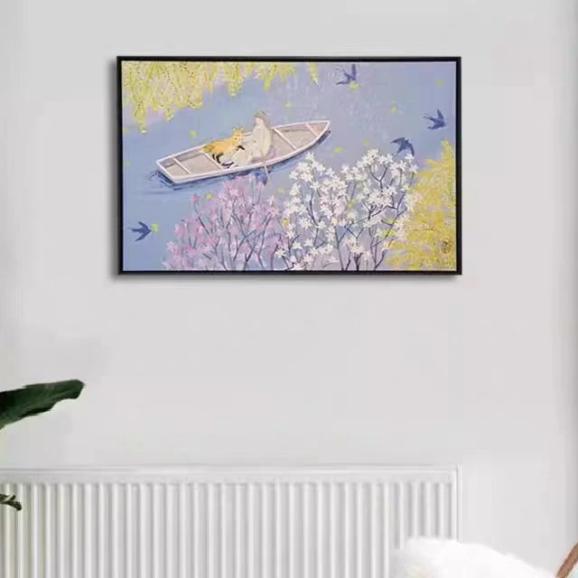 治愈系砂岩装饰画北欧花卉森林温馨动物女孩划船挂画4060
