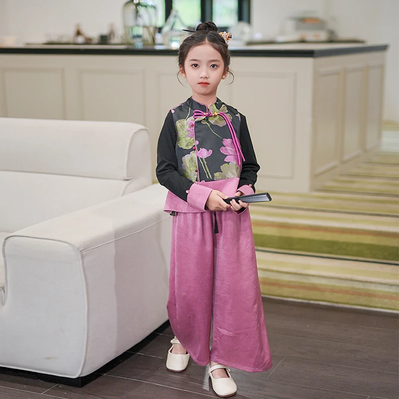 80280秋季2025新款古装套装中国风儿童汉服长袖上衣阔腿裤三件套