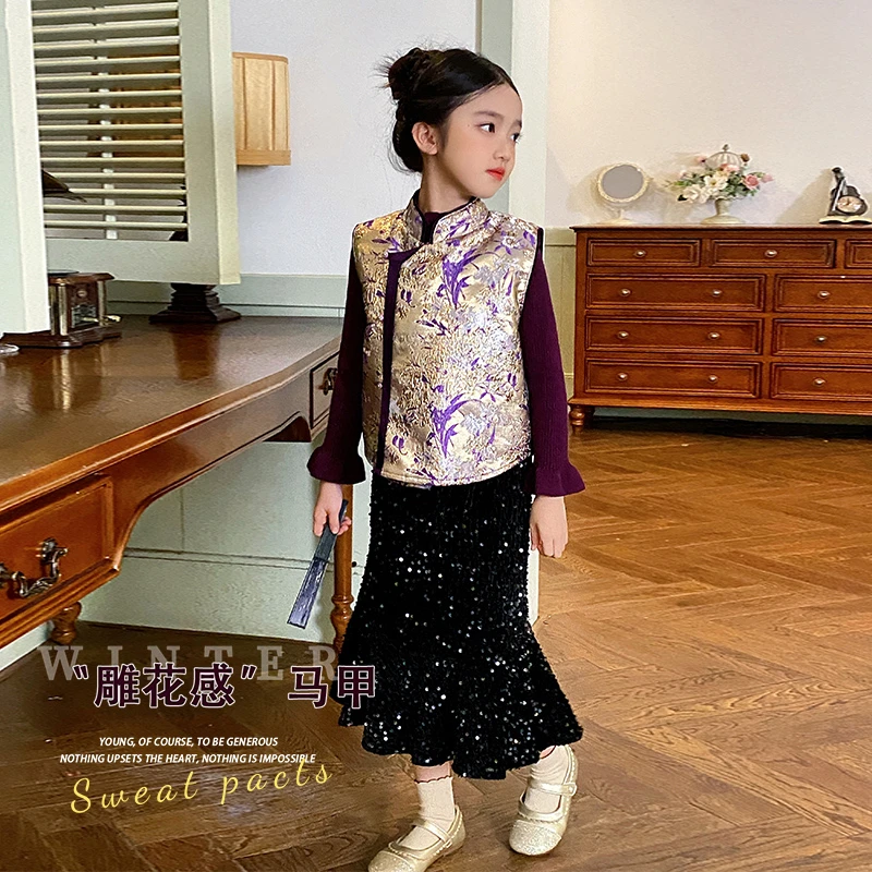 2025新款拜年服秋冬女宝宝背心马夹女童洋气国风中式保暖儿童马甲