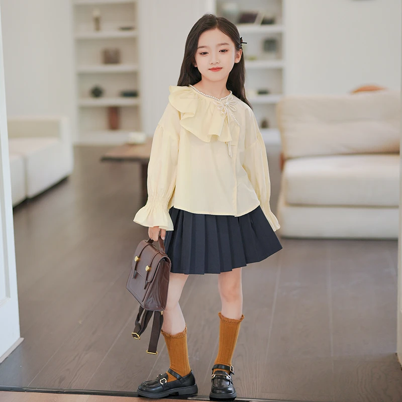 D24022早秋女童衬衫2025新款秋季时尚设计感纯色公主衬衣百搭上衣