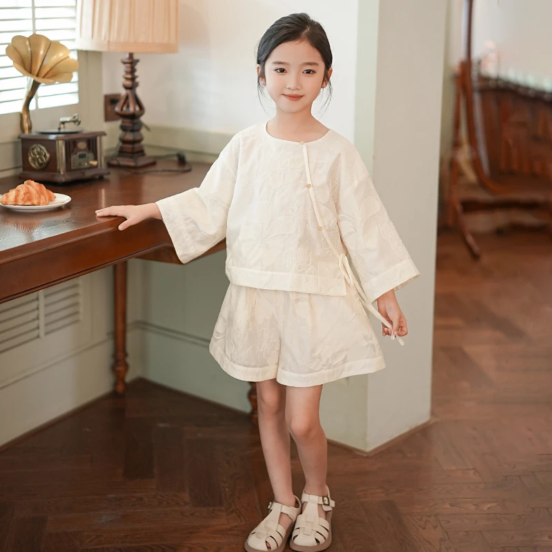 53393吉米家族【晨雾百合】女童夏装2025新款时髦套装白色两件套裤