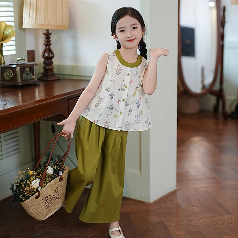 女童套装夏季2025新款洋气宽松显瘦童装女孩无袖上衣阔腿裤两件套