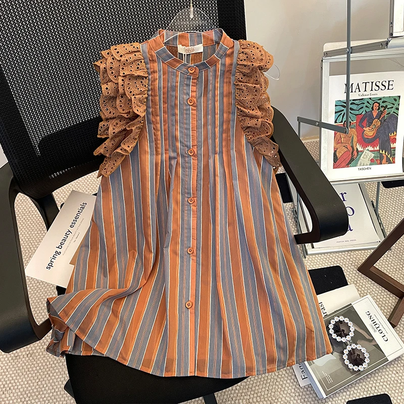 吉米家族【左岸午后】女童连衣裙夏季新款飞飞袖条纹褶皱衬衫裙子