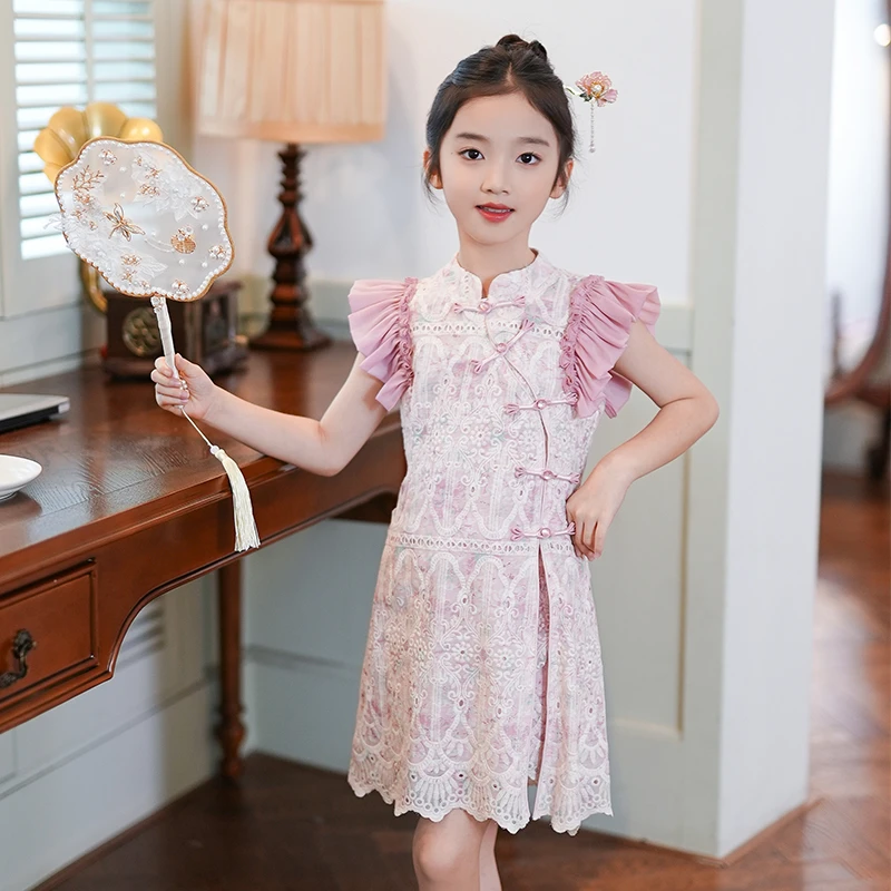 53443女童套装夏季2025新款气质荷叶袖新中式钉珠盘扣刺绣两件套