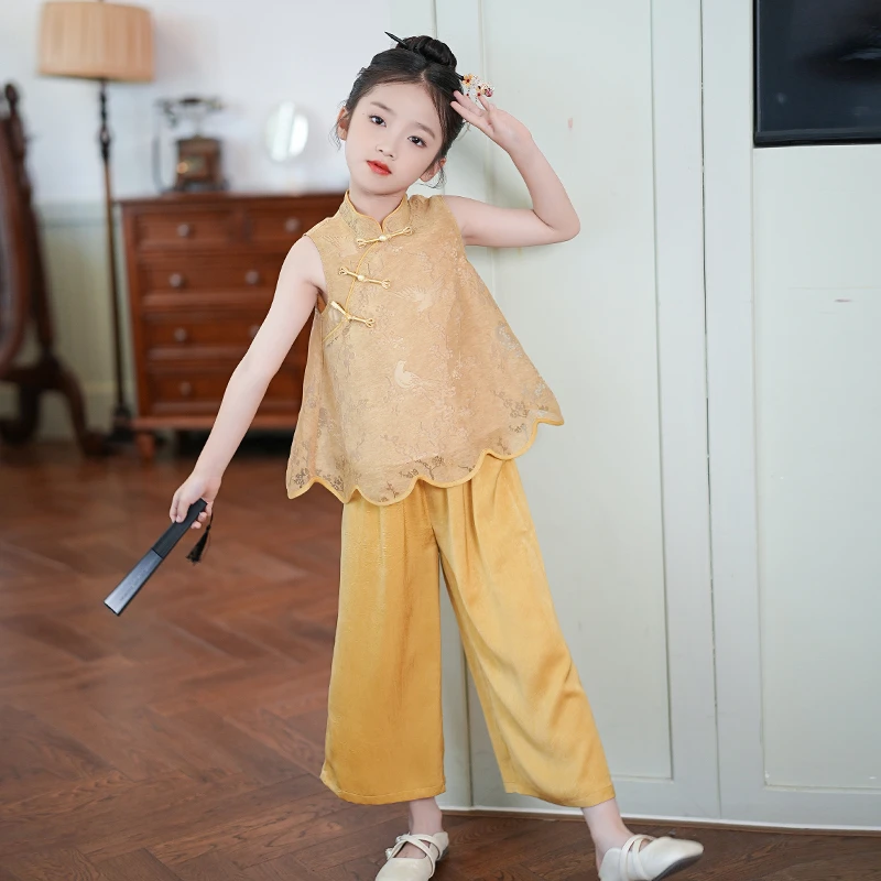 女童套装2025夏季新款新中式高级设计感镂空提花汉服儿童两件套裤