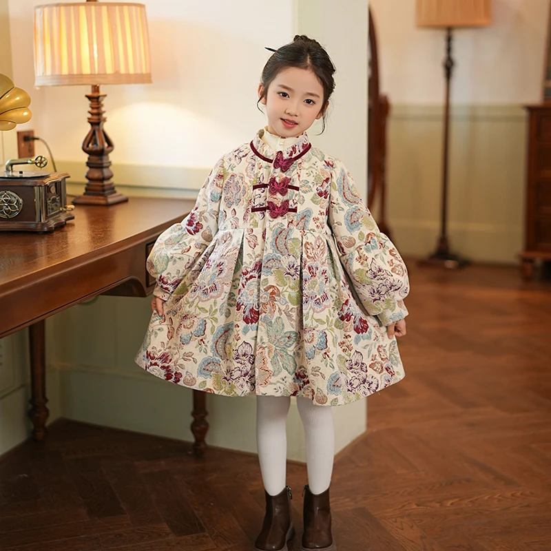 53179女宝宝外套中国风夹棉衣服新款洋气复古儿童盘扣碎花大衣