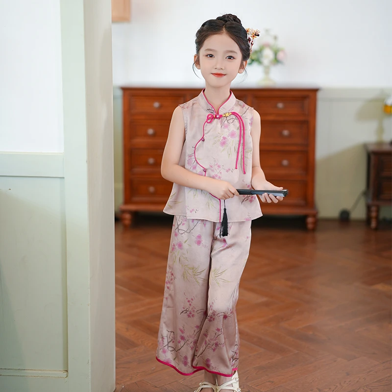 女童套装2024夏季新款小女孩汉服新中式国风无袖阔腿裤儿童两件套
