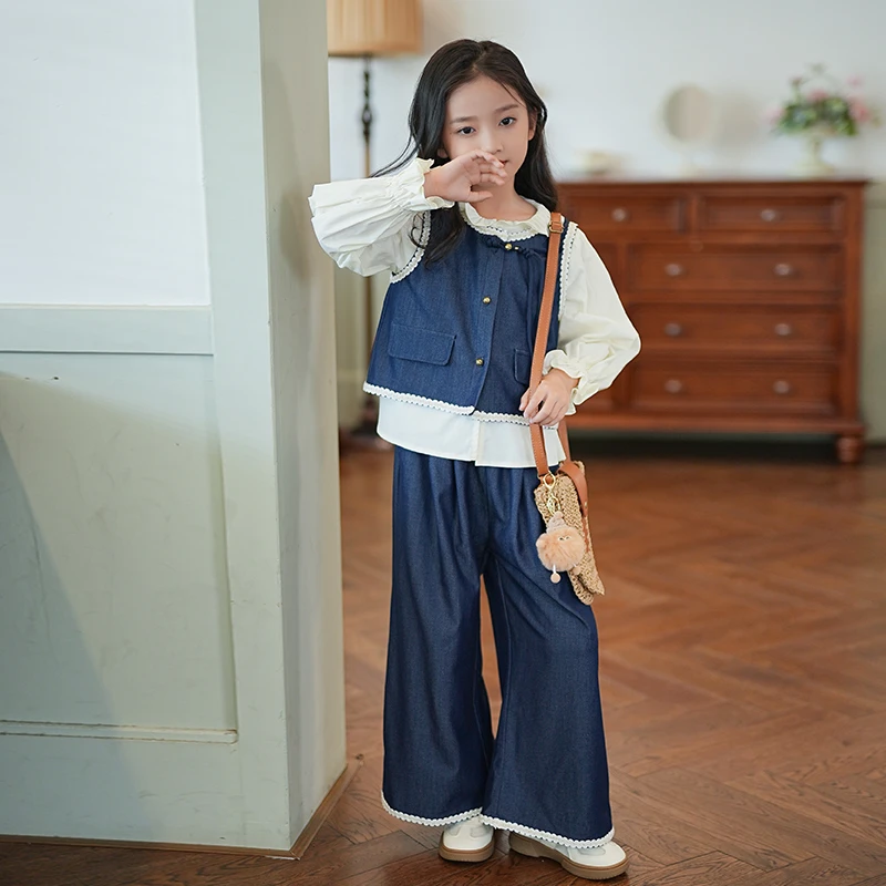 D24003女童套装新款中大童时髦洋气儿童装宝宝牛仔三件套衣服潮