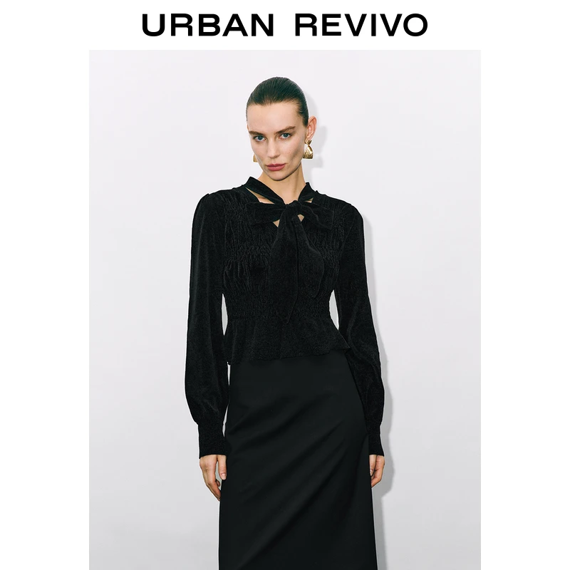 【HOT】UR2024秋冬新款女装气质飘带缩褶收腰针织衫UWG940260