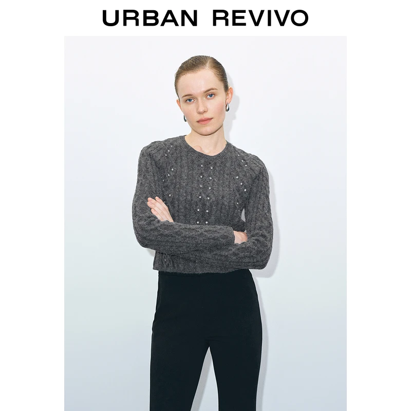 UR2024秋冬新款女装时髦水钻装饰肌理感修身针织衫UWG940249+